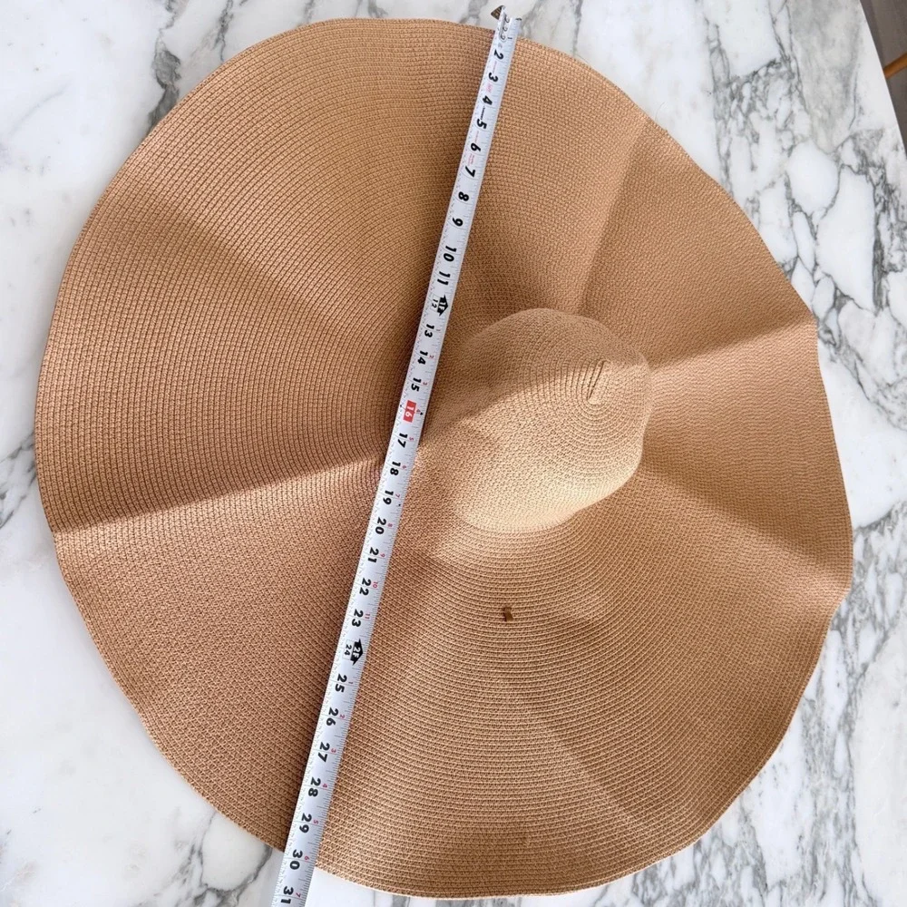 Oversized Wide Brim Floppy Sun Hat Tan Woven Straw Beach Resort Glamour